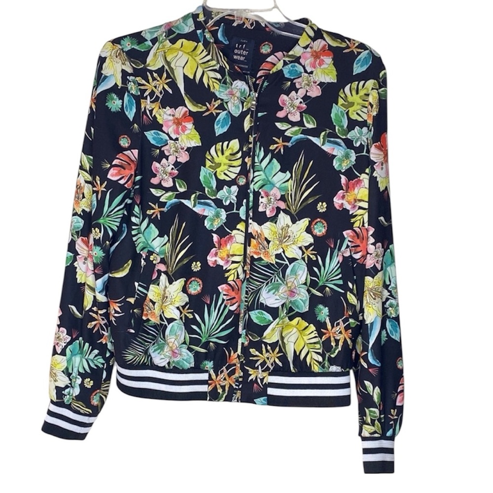 Zara Black Matte Satin Bohemian Floral Garden Zip Up Bomber Jacket - Size S
